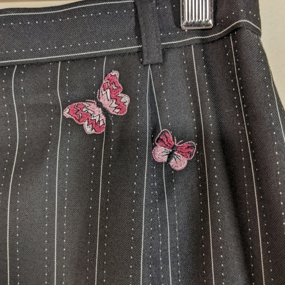 Vintage Escada Black Butterfly Wool Pinstripe Pencil Skirt